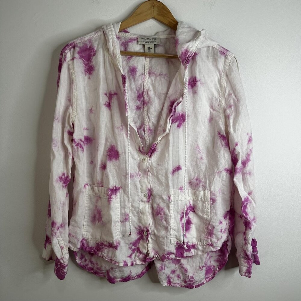 Rachel Zoe Jacket Womens Medium Linen Hooded Button Up Tie Dye Pockets